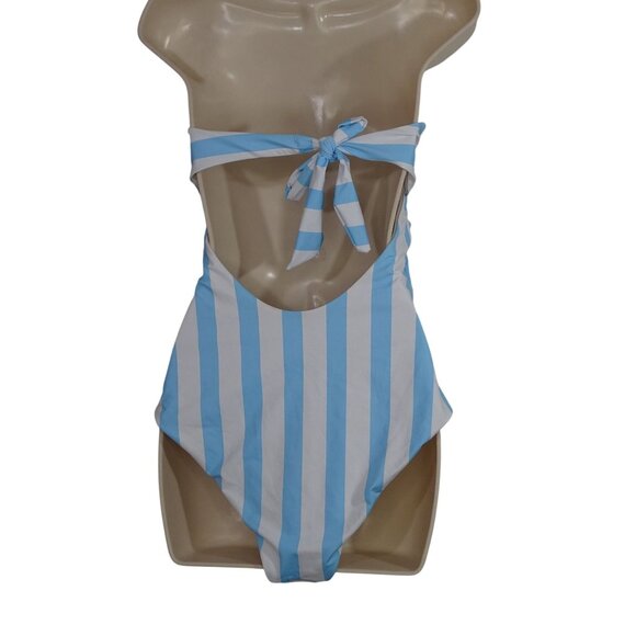 Shein Strapless Blue White Striped One Piece Swimsuit Women Size L Open Tie Back - Picture 3 of 9